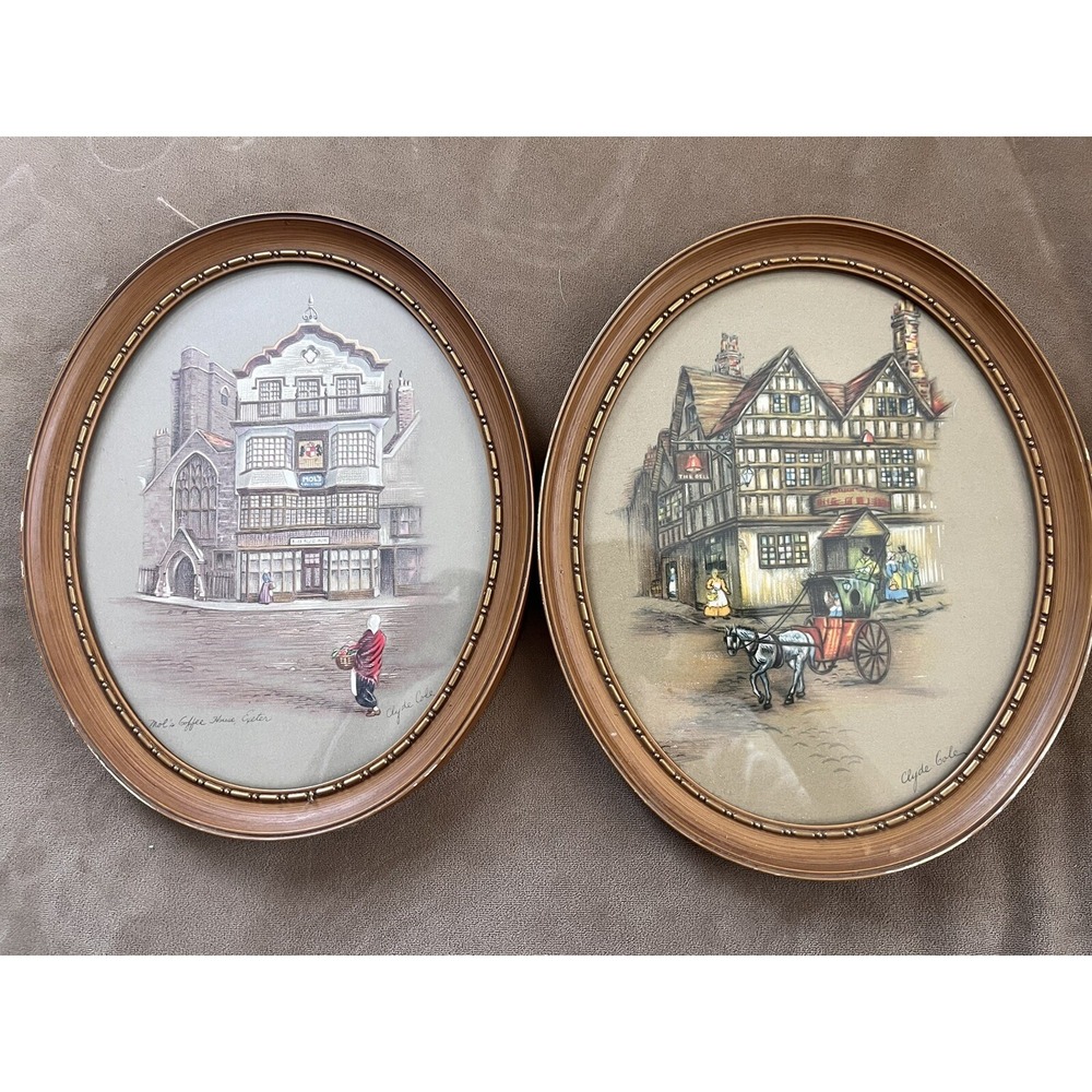 The New Inn & Coffee House By Clyde Cole 9 1/2" x 11 1/2" Oval Set of 2 MCM